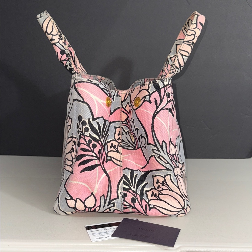 Prada RARE STAMPATA CANAPA ROSA FLORA Pink and Gray Tote w/ Prada strap! - Picture 15 of 17